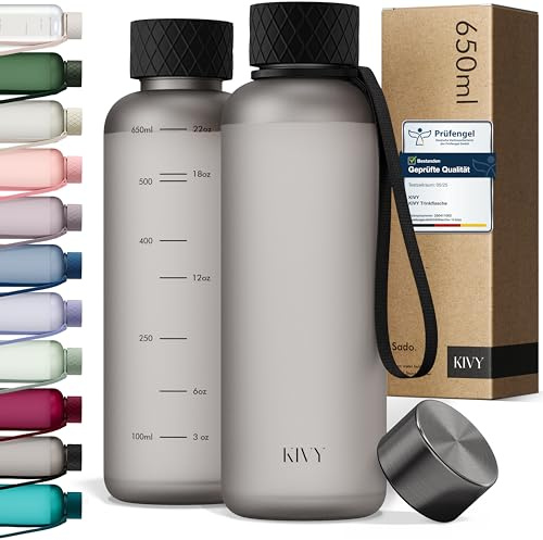 KIVY Trinkflasche 650ml [BPA FREI] Auslaufsicher & Spülmaschinenfest - Wasserflasche für Kinder & Erwachsene - Water Bottle Small - Trinkflasche Klein - Schwarze Flasche für Kohlensäure geeignet