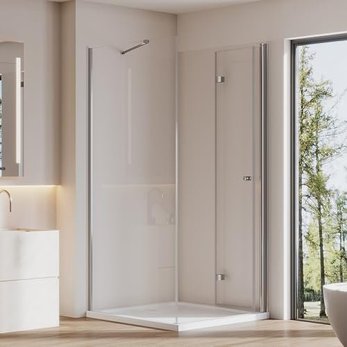Cozynest Duschkabine Eckeinstieg Duschtür Falttür mit Seitenwand 90x90cm Duschabtrennung Eckdusche, Pivot-Falttür mit Festem Seitenteil Duschtrennwand aus 6mm ESG Glas Höhe 185cm