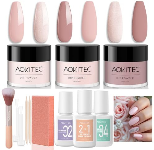 Aokitec Dip Powder Nails Set, 3 Nude Rosa Farben, 12-teilig, ohne UV-Lampe | 12-tlg. Dip Powder Starter Set: 3 Nude-Farben & 2-in-1 Base/Top Coat. Trocknet ohne UV-Lampe, langanhaltend & splitterfrei!