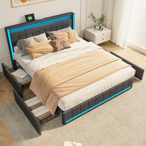 BSMGSGN Cama Doble Tapizada de 180x200 cm con 4 Cajones de Almacenamiento y Estacion de Carga USB, Iluminación LED, Marco de Cama Doble con Somier y Cabecero (Gris Oscuro-A, 180x200 cm)