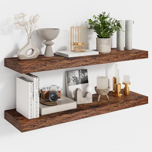 Feihorrm Schweberegal 2er Set, Wandregal Rustikal Braun, 60cm Regal | Regal Wand mit unsichtbaren Halterungen, Wandregal Holz für Büro, Badezimmer, Schlafzimmer, Küche und Wohnzimmer