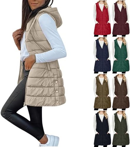 RLEHJN Steppweste Damen Leicht Lang mit Kapuze Damen Weste Gefüttert Winter Thermoweste Ultraleicht Ärmellos Warme Winterjacke Reißverschluss Weste Jacke Gilet Daunenweste Outdoor Übergangsjacke