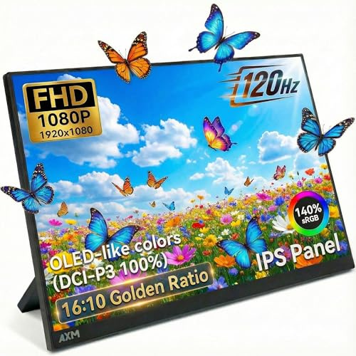 AXM - 16 FHD 1080P Portable Monitor, IPS 120Hz, Flicker-Free HDR Adaptive Sync, 400 Nits 100% DCI-P3 USB-C HDMI Gaming and Travel for Windows Compatible Laptop