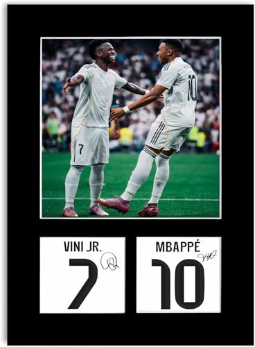 LJW Prints Fußballspieler Vinicius Junior Vini jr und Kylian Mbappe 2025–2026 Druck signiert Autogramm Foto Display Passepartout Poster für Madrid-Fans und Fans