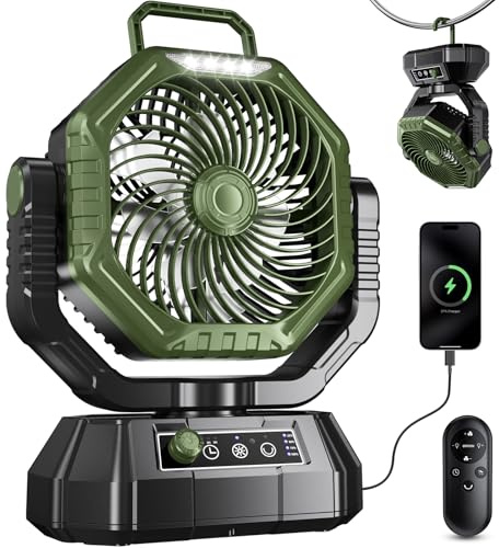 VTHW Camping Fan, 20000mAh Rechargeable Battery Fan with Remote, Stepless Speed, 270° Rotation, Timer Mode, Hook, LED Light, Personal Desk USB Fans for Outdoor Tent Camping(Green)