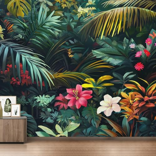 Genérico Papel Pintado Selva Tropical, Papel Pintado Pared Hojas de Palma Flores de Decorativos del Hogar, para Salon Dormitorio Decoracion Pared, 300x210cm D&O124