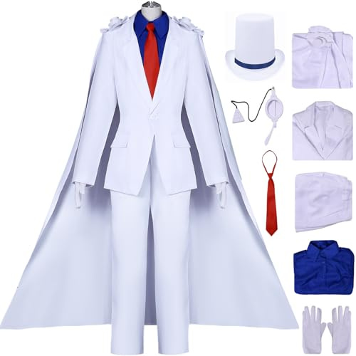 Kolegrial Kaito Kid Kostüm mit Hut Brille Herren Cosplay Anime Detektiv Kid the Phantom Thief Weiß Smoking Uniform Set und Cape Handschuhe für Karneval Halloween Party Maskenball Fancy Verkleidung