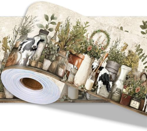 PRESSINART Farmhouse Wallpaper Border Wall Border Trim Peel and Stick 197 x 4 Inch Cattle Floral Jar Pattern PVC Decorative Molding Stickers for Bathroom Laundry Kitchen Backsplash Home Decoration
