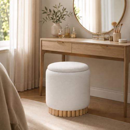 Hometopia Sitzhocker mit Stauraum, rund in Beige | Teddy Stoff, Holz-Design, weich & bequem, vielseitig für Wohnzimmer & Schlafzimmer, stabil, pflegeleicht, Round-Design