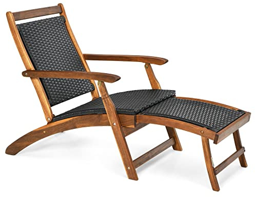 LIFEZEAL Tumbona Plegable de Ratán PE Convertible con Reposapiés Retráctil | Sillón de Jardín con Marco de Madera de Acacia, Respaldo y Reposabrazos para Terraza, Patio y Piscina