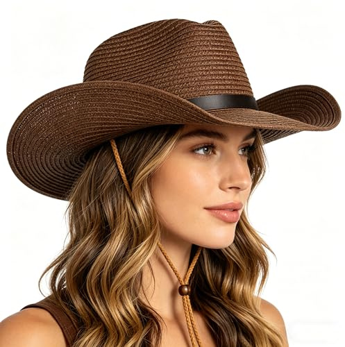 XINGYAOGJ Western Straw Cowboy Cowgirl Hat for Men Women Wide Brim Straw Sun Hat with Chin Strap Packable UV Protection Straw Panama Fedora Hats Foldable Summer Beach Sun Jazz Cap Fishing Cap