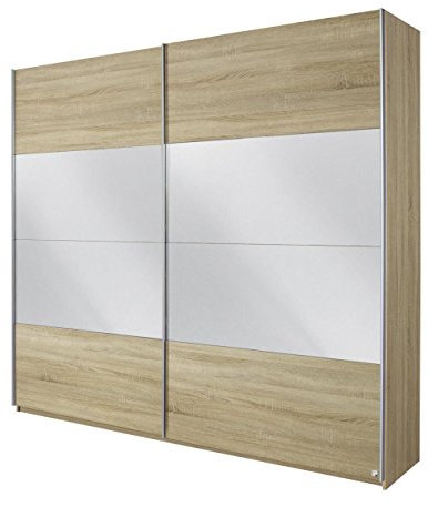 Rauch Möbel Quadra Kleiderschrank, Schwebetürenschrank, 2-türig, mit Spiegel, inkl. Zubehörpaket Basic 6 Einlegeböden 3 Kleiderstangen, Farbe Eiche Sonoma, BxHxT 270x229x62cm