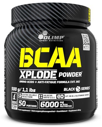 OLIMP- BCAA Xplode Powder. Nahrungsergänzungsmittel in Pulverform, mit einer Komposition aus verzweigtkettigen Aminosäuren, L-Glutamin und Vitamin B6. Geschmack: Strawberry (500 g)