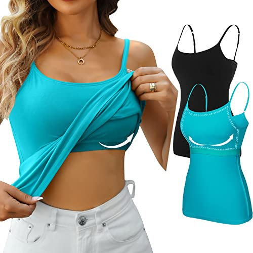 CharmLeaks 2 Pack Women Cotton Camisole Spaghetti Strap Cami Vest Top , XL, Black & Aqua