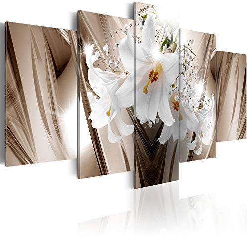 decomonkey Bilder Blumen Lilien 200x100 cm XXL 5 Teilig Leinwandbilder Bild auf Leinwand Wandbild Kunstdruck Wanddeko Wand Wohnzimmer Wanddekoration Deko Abstrakt braun weiß