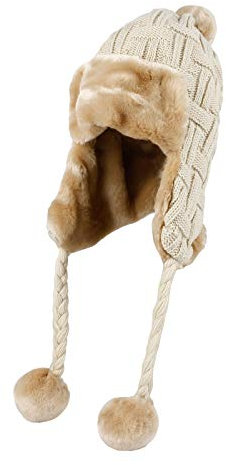 WITHMOONS FZ70022 Beanie-Mütze, Fleece-Futter, dick, Zopfmuster, mit Ohrenklappen - Beige - Einheitsgröße