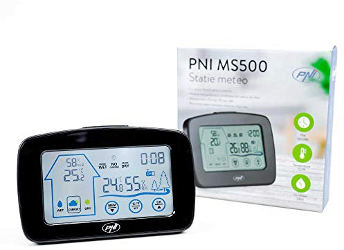 PNI Wetterstation MS500 mit drahtlosem externen Sensor, zeigt Temperatur und Luftfeuchtigkeit im Innen- und Außenbereich sowie Speicher für minimale und maximale Klimawerte an