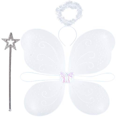 3-teiliges Feenkostüm-Zubehör mit Feenflügeln, Zauberstab und Heiligenschein Stirnband – Weihnachtsengel Kostüm Kinder Krippe Set – weiße Flügel und Heiligenschein für Engel Weihnachten Verkleidung