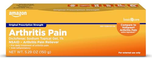 Amazon Basic Care Diclofenac Sodium Topical Gel, 1% (NSAID), Arthritis Pain Reliever for Hand, Wrist, Elbow, Foot, Ankle and Knee Pain Relief, 5.29 oz (150 grams) (Packaging may vary)