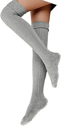 Damen Overknee Socken Lange Strümpfe Strick Baumwolle Dicke Warme Überknie Kniestrümpfe Weihnachtssocken für Damen und Mädchen (Hellgrau)