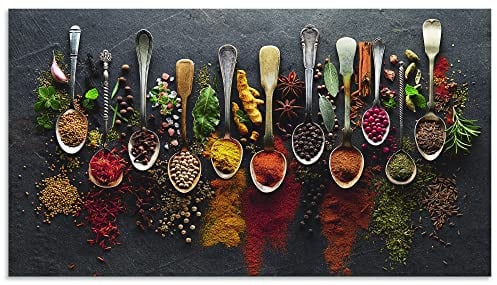 ARTland Spritzschutz Küchenrückwand aus Alu für Küche Herd Spüle Motiv 90x50 cm (BxH) Essen, Trinken & Genuss Lebensmittel Fotografie Bunt Kräuter Gewürze Schiefer U1UJ