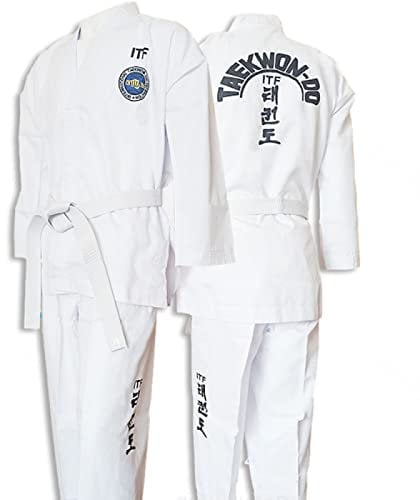 ITF Taekwondo Uniform Kinder Erwachsene Gestreifter Stoff Karate Gi Judo Anzug für Wettkampf und Training,White-120
