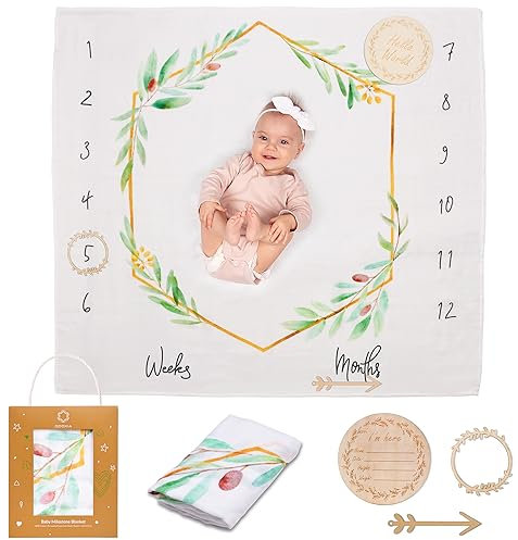 Baby Milestone Blanket | Cotton Muslin Swaddle Blanket | Monthly Photo Mat for Newborn Boy or Girl, Unisex | Frame | Personalised Baby Shower Present for New Mums | Age Mat | Includes Wooden Frames
