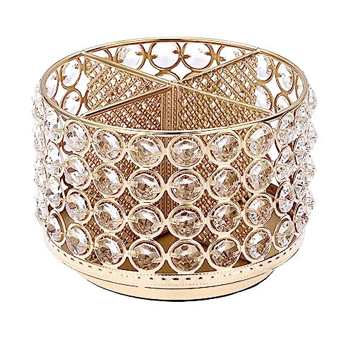 SUMNACON Metal 360 Degree Rotating Desk Organizer Holder with Crystal Beads, Decorative Round Stationery Storage Makeup Brush Holder for Remote Control Pencil Art Supply Glasses (Gold)