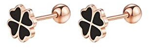 Reffeer Ohrstecker aus massivem 925er-Sterlingsilber, Kleeblatt-Ohrstecker für Damen, kleine Blatt-Ohrstecker, schwarze Ohrringe, Schraubverschluss (C-Roségold)