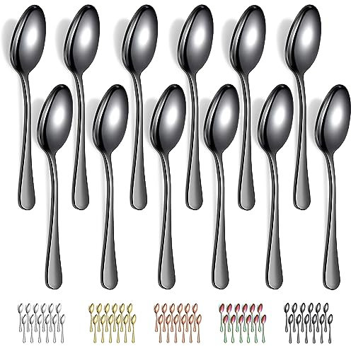 Evanda Cucchiai da Zuppa in neri 12 pezzi 18,5cm, placcatura in titanio nero in acciaio inossidabile cucchiai da tavola, cucchiai da minestra, facile da pulire, lavabile in lavastoviglie
