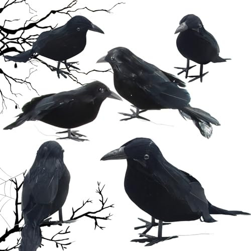 Halloween-Schwarze Krähe, ACTOYS 6 PCS Schwarze Krähen Requisiten, Schwarz Gefiederter Schaumstoff-Krähen, Gefälschte Raben Dekor, für Outdoor Indoor Party Halloween