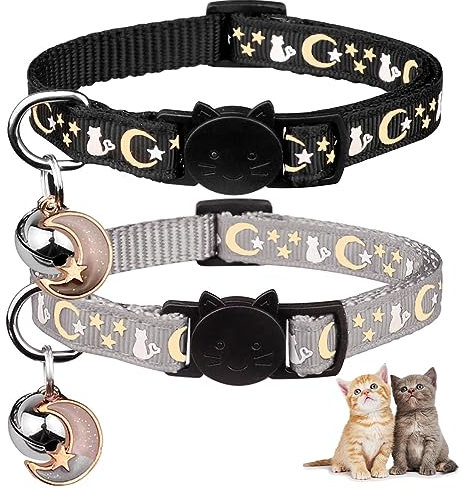 Katzenhalsbänder mit Glöckchen, mit Verschluss, verstellbar, Grau und Schwarz, 2 Stück
