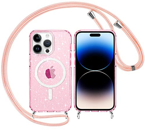 Yoedge Transparente Funda Glitter Magnética con Cuerda para Apple iPhone 15 Pro 6,1, Brillante Carcasa Compatible con MagSafe con Círculo Magnético Rosa Correa Colgante Cover Case para iPhone 15 Pro