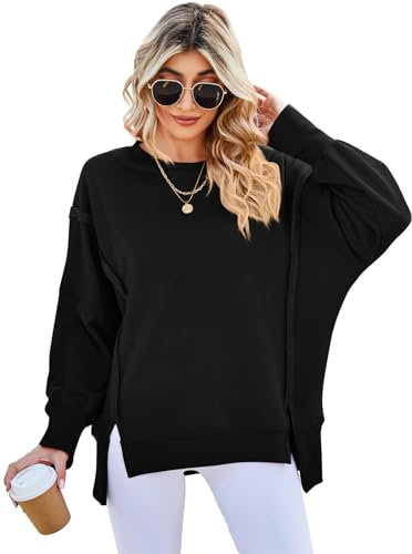SotRong Oversized Sweatshirt Women Long Sleeve Pullover Tops Ladies Sweatshirts Without Hood Plain Crew Neck Jumper Loose Casual Y2k T Shirt with Side Split Black M