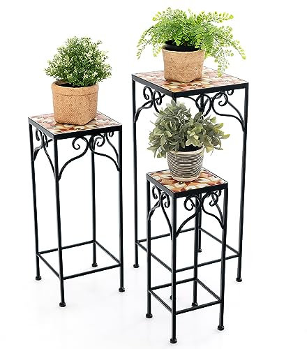 COSTWAY Set of 3 Metal Plant Stand, Square Nesting Flower Pot Holder with Mosaic Tile Top & Anti-slip Foot Pads, Indoor Outdoor Coffee Table Display Rack for Home Garden Patio Balcony (Yellow)