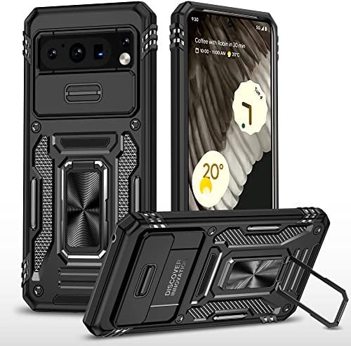Case for Google Pixel 8 Pro With Slide Camera Protection Cover,Magnetic Metal Ring Kickstand Shockproof Military Grade Heavy Duty Tough Cover,Black