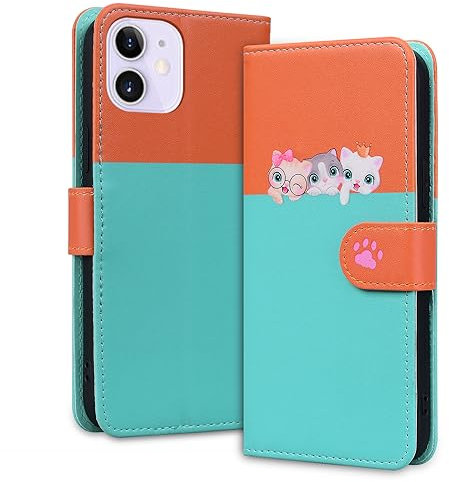 Tiyoo Lovely & Cute Flip Wallet Phone Case for iphone 12 mini with Cartoon Cat&Dog Pattern,Premium Magnetic PU+TPU Leather for high protection Phone Cover for iphone 12mini(Pale Green&Orange)