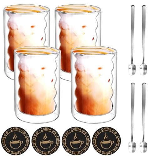 4er Set Doppelwandige GläSer mit 4 Löffeln und 4 Untersetzern, 350ML Doppelwandig aus Borosilikatglas, ThermogläSer für Latte,Tee,EIS,Eistee,Iced Americano (4pcs) (4)