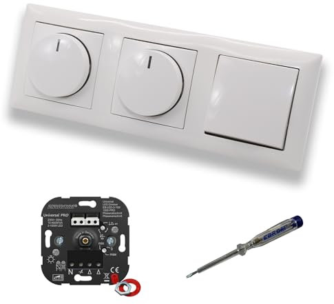 EBROM 1002 Universal PRO (2 x) LED Drehdimmer Dimmer + Busch Jäger Dimmerscheiben 2115-914 und Lichtschalter 2000/6 US in Balance Si alpinweiß glänzend inklusive EBROM Phasenprüfer z. Montage d.Geräte