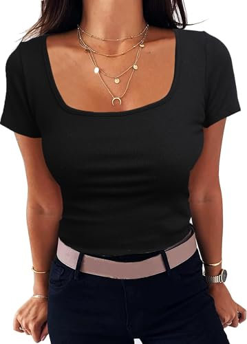 Aottori Black T Shirts for Women UK Summer Short Sleeve Tops Ladies Square Neck Ribbed Slim Fit Tee Shirts Casual Lightweight Basic Tunic Top Black XXL