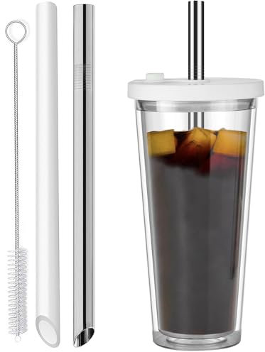 ALINK 24 Oz Iced Coffee Tumbler,Reusable Cup Leak Proof and Double Wall Insulated Bubble Tea Cups with Reusable Plastic and Metal Straws(White)