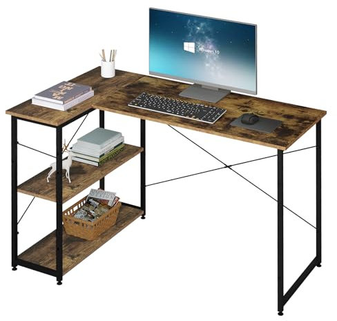 Klihome Schreibtisch L Form120cm, Computertisch mit Regal Verstellbare Höhe Reversibel, Bürotisch mit Stauraum, Eckschreibtisch für Büro Wohnzimmer, Holzwerkstoff Metall, Vintage Braun