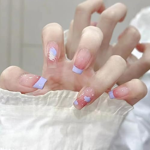 30pcs French Tip Cat Eye False Nails Medium Coffin Press on Nails Coral Ombre Lilac Edge Fake Nails Glue on Nails Ballerina Stick on Nails Removable Acrylic Nails Gifts Women Nail Art Accessories