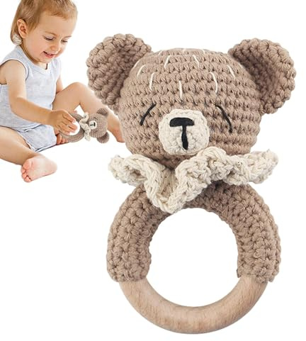 TQEBWUS Rassel für Kinder, gehäkelte Babyrassel - Interaktives Spielzeug mit Rassel für Tiere aus Holz mit gehäkelter Rassel, gehäkelter Rasselring mit