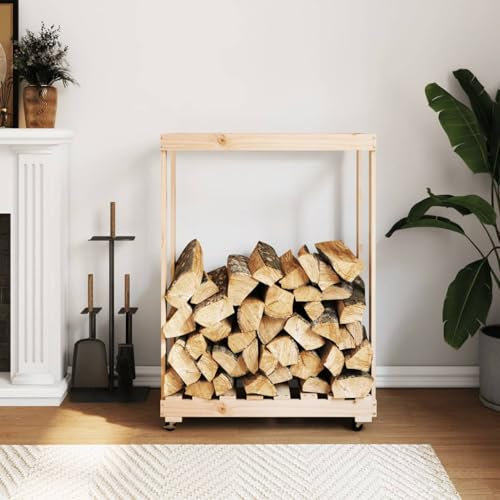 Homgoday Meuble à bois avec roues 76,5 x 40 x 108 cm Bois massif de pin, porte-bûches d'intérieur, porte-bûches de chauffage, porte bois pour cheminée, bois d'intérieur, empilable poêle en bois