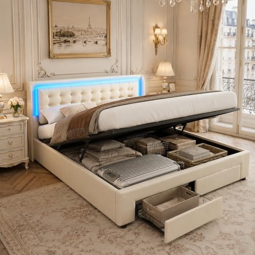 KeepGoon Lit capitonné 140x190 cm avec sommier, Lit Double avec LED, lit Coffre avec 2 tiroirs, lit de Rangement avec décoration à Boutons, Velours
