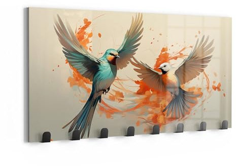 DEQOART Wandgarderobe Glas & Metall | Motiv Herbstflug der Vögel | 60x30 cm | Design Haken-Leiste modern | Garderoben-Paneel für Flur, Wohnzimmer & Schlafzimmer | magnetisch & beschreibbar