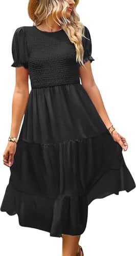 YESNO Women's Summer Causal Puff Short Sleeve Smocked Dress Elastic Waist Tiered Midi Dress with Pockets M EP2UK Black