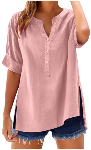 Womens Tops Cotton Linen Shirts Summer V Neck Button Up Short Sleeve Ladies Blouse T-Shirts Solid Color Work Casual Oversized Loose Blouses Daily Women Top Cloth Sale UK Plus Size 14 16 18 22 Pink