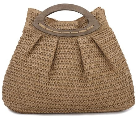 Ynport Crefreak Bolso de Paja para Mujer - Bolso de Mano de Playa de Verano Tejido Bolso de Paja de Viaje con asa de Madera para Vacaciones de Fiesta